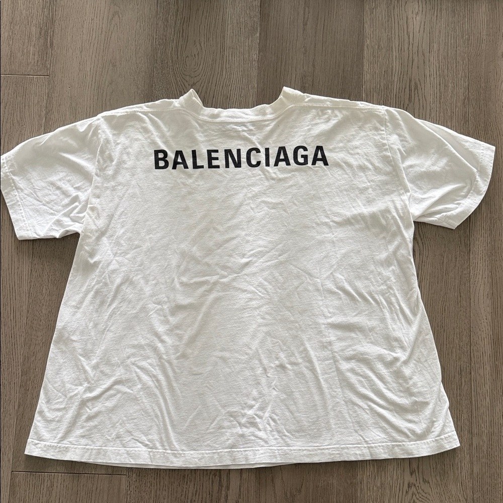Balenciaga White Tee with Black Logo on BACK on shirt